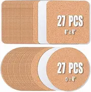 54 Pcs Cork Coasters 4 Inches with Adhesive, Cork Sheets Mats Bulk for Drinks, Plants, DIY Crafts, Office, 27 Pcs Curved-Edge Squares Cork Tiles and 27 Pcs Round Cork Pads (4"x 4", AU)