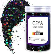 Ceya Holographic Chunky Glitter, 1 LB/ 16OZ Laser Black Bulk Craft Glitter Mixed Chunky Fine Glitter Bottled Metallic Flake Nail Sequins for Resin, Tumblers, Scrapbooking, Festival Decor, Art Project