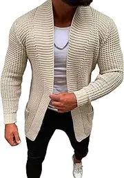 [Generic] Mens Open Front Cardigan Shawl Collar Long Sleeve Cardigan Men Slim Fit Ribbed Open Front Winter Sweaters with Pocket