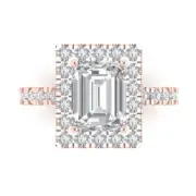 Solitaire w/ Accents Engagement Ring - 14K Rose Gold, 3.84ct Emerald Sim Diamond