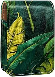 Lipstick Case,Leather Lip Gloss Lipstick Organizer with Mirror,Mini Lipstick Holder Bag,Banana Tree Palm Tree Green Tropical