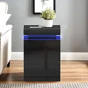 Luxsuite Black Bedside Table Bedroom Dresser Nightstand Floor Storage Cabinet LED Lights Wireless Charging 3 USB Ports High Gloss Front
