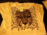 Beige ivory Leopard face print top shirt lace inserts glitter L XL 14 Jrs 2X