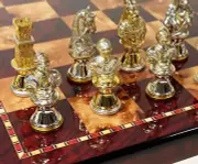 METAL Medieval Times Crusades Gold & Silver Busts Chess Set 18" Cherry Color Bd