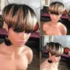 Ombre Highlight Straight Human Hair Pixie Cut Honey Blonde Mix Bronw Black Wig