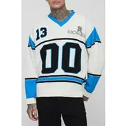 Mens Ecru Tall Oversized Knitted Varsity Hockey Top