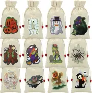 12 Halloween Drawstring CANVAS Bags, 8.5"x4.5" Trick or Treat Gift Goody Bags