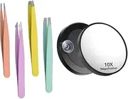 4 Piece Tweezers and 10X Magnifying Mirror Set, Eyebrow Tweezers Compact Mirror with Suction Cup, for Eyebrow Plucking, Makeup, Travel