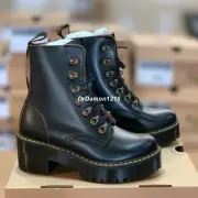 NWOB Dr.Martens LEONA Women Mid Heel Hook Boots Black Vintage Smooth UK5/US 7