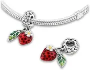 [JOME] Strawberry Charm 925 Silver - Berry Charm with Enamel Leaf & Flowers - Fits 3mm European Style Bracelets - Elegant Gift for Women, Einheitsgröße, Sterling Silver, No Gemstone