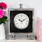 Modern Silver & Black Square Mirror Clock on Stand- Mantel Display Home Decor