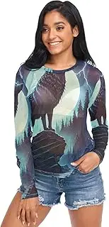 [RPLIFE] Black Wolf Mesh Shirt, Party Tops for Women Long Sleeve S-XXL