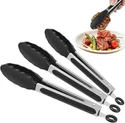 Kitchen Tongs Set of 3 Stainless Steel Heat Resistant Cooking Tongs with Silicone Tips 7-inch 9-inch 12-inch Non-Stick BBQ Grilling Locking Tongs for Serving Grabbing Salad Hot Food