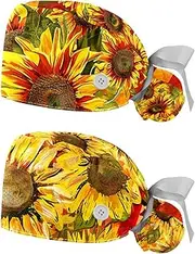 [YTYVAGT] 2-Pc,Nurse Scrub Caps,Scrub Hats with Buttons and Cotton Sweatband,Vintage Yellow Sunflowers