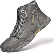 [CROSSBABY] Men's Hand-Sewn Lace Up Ankle Shoe,Fashion Retro Hiking Boot Premium Leather Zip Desert Boots, Grey, 7