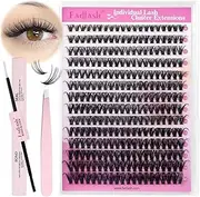 FADLASH DIY Lash Extension Kit Individual Lashes Cluster D Curl Eyelash Extension Kit with Lash Bond and Seal and Lash Applicator Tool for Self Application at Home (40D-0.07D-8-16MIX KIT)