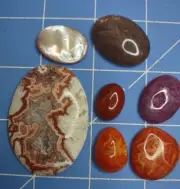 Red Coral, Crazy Lace Agate, Ruby, Red Jasper, Sunstone, M.o.Pearl Cabochons In