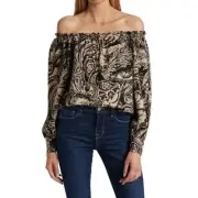 L'Agence Rowan Off the Shoulder Blouse Black Tan Paisley NWT SIze XS