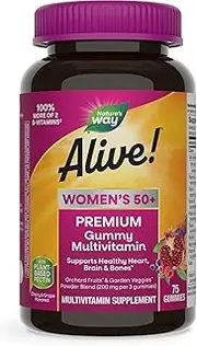 Nature's Way Alive! Women’s 50+ Premium Gummy Multivitamin, Fruit and Veggie Blend (150mg per serving), Full B Vitamin Complex, Gluten Free, Made with Pectin, 75 Gummies (Packaging may vary)