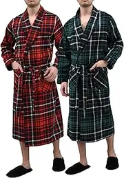 [ANDREW SCOTT] Mens 2 Pack Long Sleep -Sauna Robe / 100% Cotton Flannel Brush Warm Bathrobe, 2 Pack -Combo D, Large-X-Large