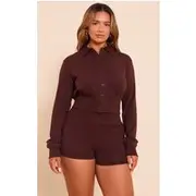 Shape Chocolate Polo Button Front Cinched Waist Cardigan, Chocolate