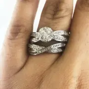 1 Ct ROUND & BAGUETTE NATURAL DIAMOND 14K GOLD ENGAGEMENT BRIDAL RING SET