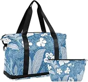 [Amooorous] Blue White Boho Flowers Bloom Gym Duffel Bag Sports Duffel Bags with Toiletry Bag for Business Trips Multifunctional, blue white boho flowers bloom, 1 size