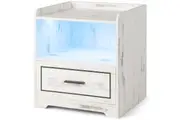 Giantex LED Nightstand Smart Bedside Table w/2 USB Ports & Drawer Vintage Sofa Side End Table 3 Light Colors White