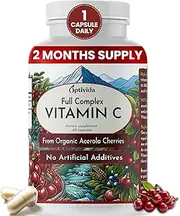 Optivida Vitamin C with Organic Acerola Cherry Extract - Vegan Supplement - Immune Support & System Booster, Healthy Skin & Joints Antioxidant