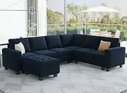 Belffin Velvet Modular Sectional Sofa with Storage Ottoman 6 Seater L Shaped Sectional Modular Sofa Couch with Reversible Chaise Convertible Corner Sectional Couch Blue, (BF-400-1)