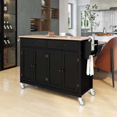 Kitchen Island Cart on Wheels w/ Spice & Towel Rack Cabinet Drawer Shelf Black