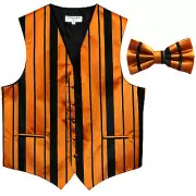 New formal men's tuxedo vest waistcoat & bowtie vertical stripes black gold prom
