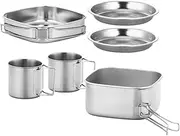 Sosoport Outdoor Cooking Supplies 6-in-1 Camping Cookware Set Sturdy Stainless Steel Pot Frying Pan Cups Plates for Camping Hiking