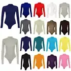 NEW WOMENS LADIES LONG SLEEVE PLAIN HIGH TURTLE NECK BODYSUIT LEOTARD TOP