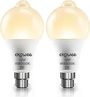 EKOWEE B22 12W Smart Motion Sensor LED Bulb, Equivalent to 100W, Auto On/Off at Night for Porch Garden Pathway, Energy-Saving PIR Light Bulbs, Warm White 3000K, Pack of 2