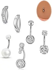 [Thalorix] 6PCS Belly Button Rings Stainless Steel 14G Belly Rings Clear CZ Pearl Clicker Belly Button Piercings for Women Navel Piercings Pack, Silver, 14G, 10mm, Stainless Steel Cubic Zirconia, cubic