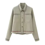 SML Woman Fashion 2023 Autumn Outwear Embroidery Long Sleeve Single Breasted Jacket Female Crop Tops Vintage Coats High Street green XS