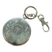 Portable Pocket Ashtray Fob Watch Style Metal, Lid & Key Ring Pop Up Hemp Leaf