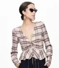 NWT AFRM Amery Heart Plaid Ruffle Crop Top Women's Long Sleeve Tan Size M