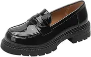 [ZIRIA] Women Loafers Shoes Patent Leather Thick Heels Pumps Round Toe Causal Med Heel Ladies Footwear Spring Autumn Black