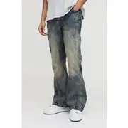 Mens Stonewash Relaxed Rigid Flare Washed Panelled Denim Jeans