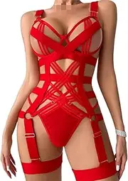 [DJG DIAL] Plus Size Women's Body Harness Body Full Elasticity Strappy Lingerie with Garter Belts Frame Bras And Panty Set