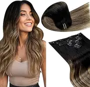 LaaVoo Brown Clip Extensions Real Hair Balayage 55 cm Real Hair Extensions Clip Double Weft Hair Extensions Real Hair Clip Black Ombre Brown Balayage Caramel Blonde 105 g 7 Pieces 55 cm #1b/4/27