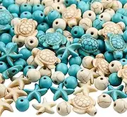 ANCADN 210pcs Turquoise Sea Turtle Charms, Floral White Turtle, Synthetic Turquoise, Starfish Beads for Jewelry Craft Making (Blue White)
