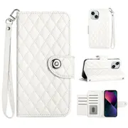 YB Imprinting Series-8 for iPhone 13/14 Case Rhombus Wallet Leather Cover with Hand Strap - White