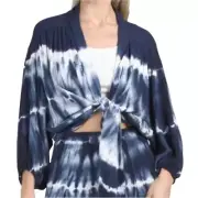 NWT Young Fabulous & Broke Navy Blue Tie Dye Top Small Blouse White Tie Front Sm