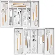 Lifewit Silverware Drawer Organizer and Utensil Organizer Set, Expandable Cooking Cutlery Tray for Kitchen, Adjustable Plastic Flatware Holder Storage Divider for Spoons Forks Knives, Large, White