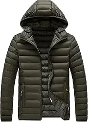 [JEShifangjiusu] Hooded Lightweight Puffer Jacket Winter Warm Padded Coats Ski Snow Sportswear for Men, Army Green, M