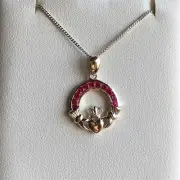 Irish Sterling Silver Claddagh Pendant Ruby CZ Red Stones 18" New Boxed