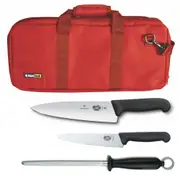 4pc Chef Starter Knife Set Red Bag & Victorinox 15cm Cook & 20cm Knives & Steel